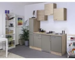 Flex-Well FLEX WELL Minikeuken Met Apparatuur Riva Kwartsiet Cubaniet En San Remo Eiken Licht Mat 180x60 Cm