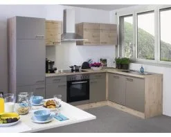 Flex-Well FLEX WELL Hoekkeuken Met Apparatuur Riva Kwartsiet Cubaniet En San Remo Eiken Licht Mat 280x170 Cm